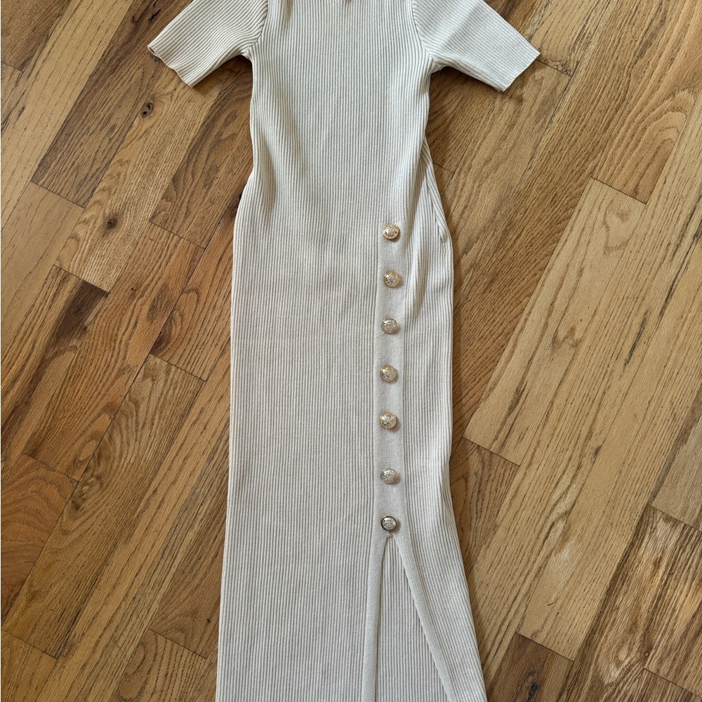 Fashion Nova Cream Long Sleeve Ribbed Dress